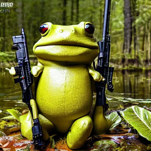 Image similar to professional photograph of an anthropomorphic frog wearing a kevlar vest and holding a black rifle in a swamp, 8 k, very intricate, very detailed, serious,