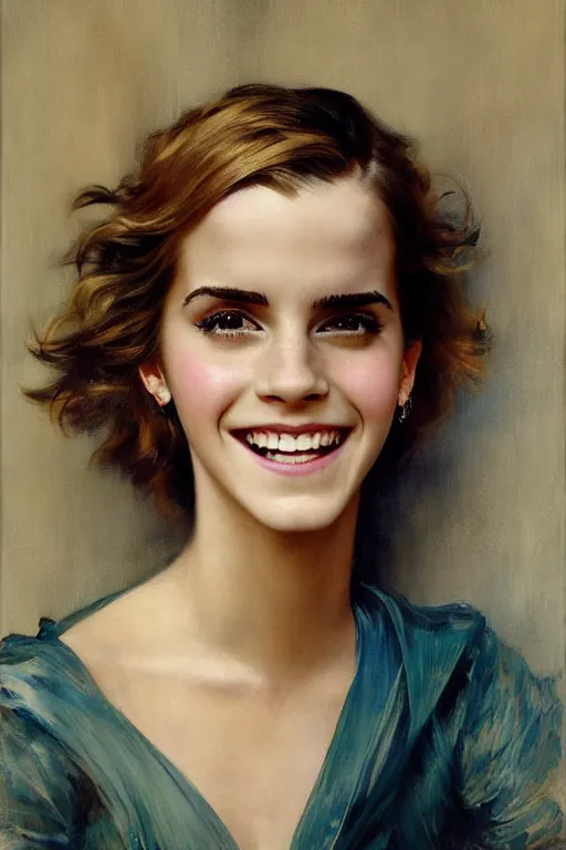 Image similar to emma watson smiling laughing gathered faille v - neck smiling detailed portrait painting by gaston bussiere craig mullins j. c. leyendecker photograph by richard avedon peter lindbergh