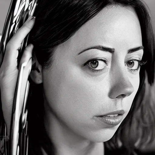 Image similar to aubrey plaza as witchblade by michael turner, studio lighting, depth of field, photography, black and white, highly detailed