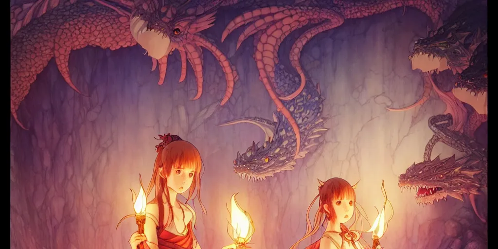 Image similar to the girl and the magic dragons cave. anime visual. torches, dark. by hayao miyazaki and rossdraws and artgerm and chie yoshii and alphonse mucha. anime production by studio ghibli. high quality, stunning, intricate detailed environment. 8 k