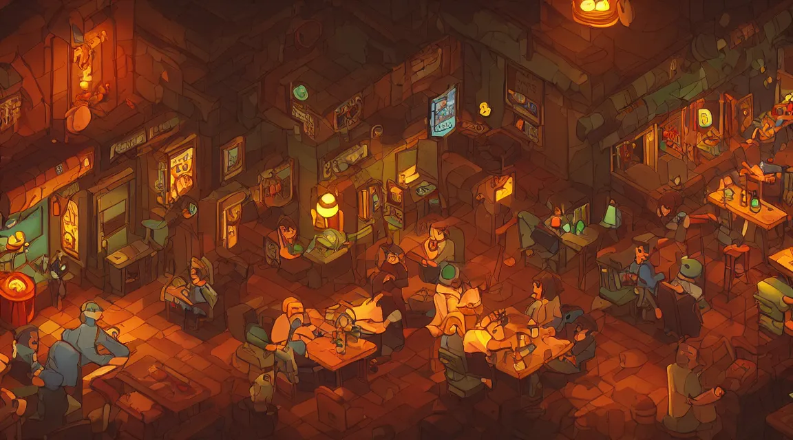 Image similar to A multidimensional cozy tavern, retro video game vibe, cinematic lighting, epic composition, cartoon, animation, background art, post processing, 8K resolution