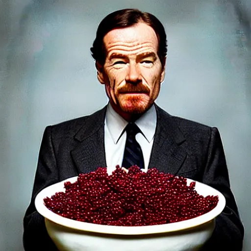 Prompt: tiny bryan cranston's body is a bowl of cranberries, head emerging from cranberries, natural light, sharp, detailed face, magazine, press, photo, steve mccurry, david lazar, canon, nikon, focus