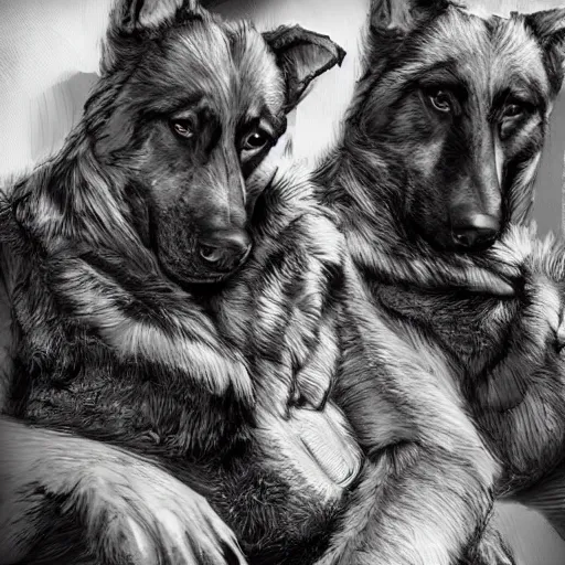 Image similar to two humanoid german shepherds beast - men, sitting on a couch and hugging together in military style, artstation.