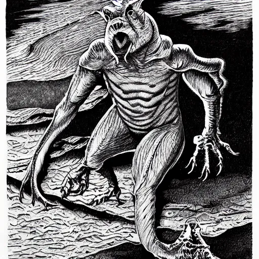 Image similar to a montauk monster as a D&D monster, full body, pen-and-ink illustration, etching, by Russ Nicholson, DAvid A Trampier, larry elmore, 1981, HQ scan, intricate details, Monster Manula, Fiend Folio