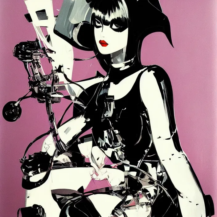 Prompt: metallic portrait of a gothic maiden, hello kitty, sharp focus, futuristic, emo, aerodynamic, feminine, cute, by syd mead