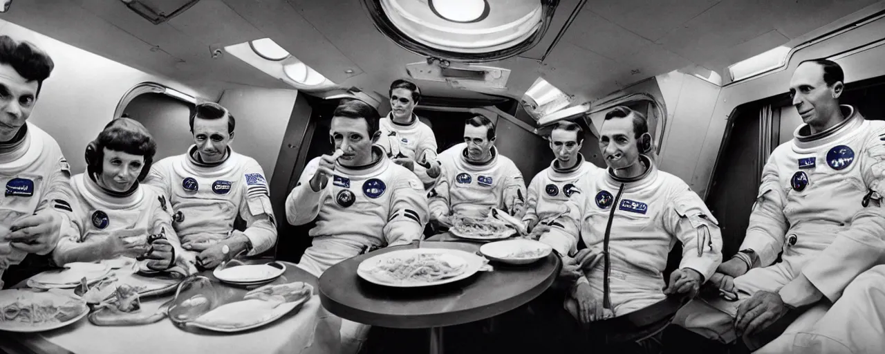 Prompt: 1 9 6 0's astronauts eating spaghetti on their way to the moon, ultra - realistic faces, fine detail, anon 5 0 mm, in the style of diane arbus, in the style of wes anderson, kodachrome, retro