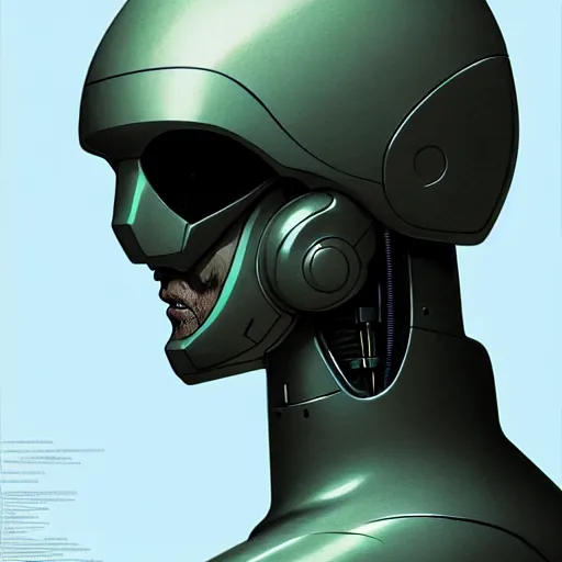 Image similar to detailed character concept art bust of a detailed and hi - tech reconnaissance robot in an empty chamber, artstation, award - winning realistic sci - fi concept art by greg rutkowski and yoshitaka amano, in the style of moebius, flat pop color surrealist illustration.