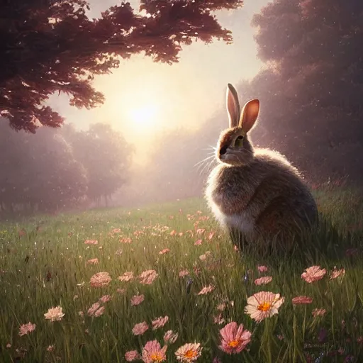 Image similar to a rabbit in a field of beautiful flowers, by stanley lau and greg rutkowski