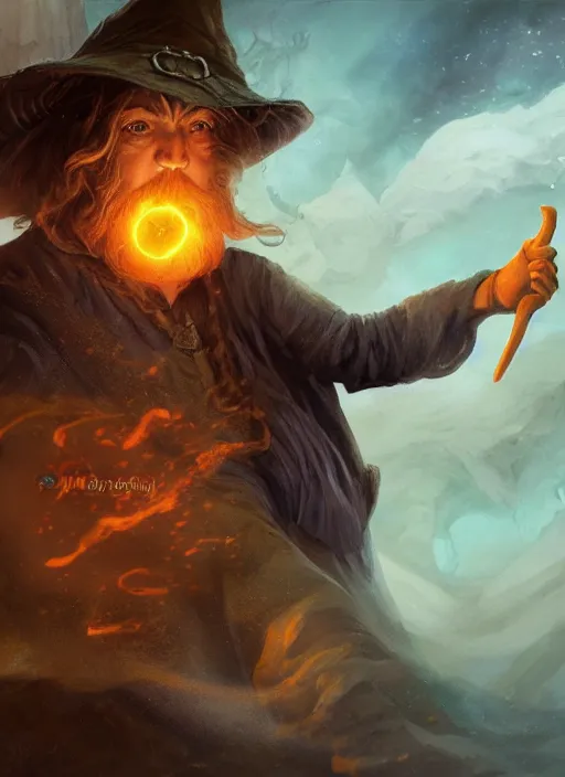 Image similar to Fifteen year old teenage hobbit wizard, short brown hair, pimples, mage hat, Orange Magic energy swirling body, Ivan Aivakovsky, Boris Vallejo, epic fantasy character art, D&D Concept Art, full length, Realistic, Regal, Refined, Detailed Digital Art, Oil Paining, Exquisite detail, post-processing, masterpiece, Cinematic Lighting, Unreal Engine, 8k, HD