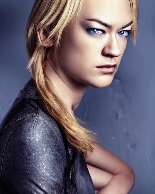 Image similar to yvonne strahovski, full shot, very anime, digital art, captures emotion and movement, ambient lighting, perfect composition, dynamic lighting, detailed face, very extremely detailed blue eyes, smooth shading