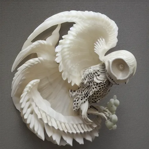 Prompt: opalescent marble sculpture of owl skeleton, ivory carving, fractal paisley inlay, lace, intricate, elegant, highly detailed, artgerm, lace, by ruan jia and greg rutkowski