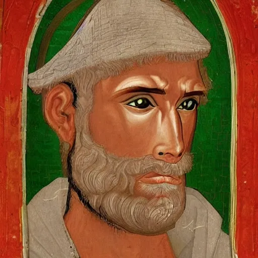 Image similar to A 11th century Italo-Byzantine painting of Jerma985, portrait of Jerma985, grainy, realistic, very realistic, hyperrealistic, highly detailed, very detailed, extremely detailed, very neat, very epic, very cool, detailed, trending on artstation