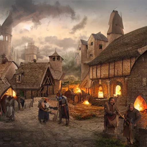 Prompt: medieval township with various workers performing different crafts, homes blacksmiths and smoked chimneys, epic, cinematic, high quality digital art, fantasy