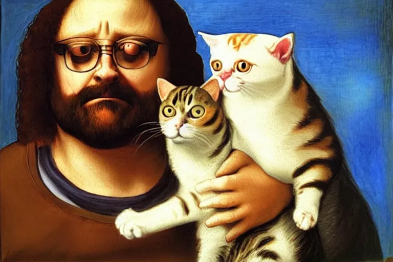 Prompt: a portrait of bubbles from trailer park boys holding a cat. oil painting by leonardo da vinci