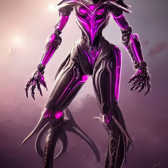 Image similar to highly detailed exquisite fanart, of a beautiful female warframe, but as an anthropomorphic robot dragon, shiny silver armor engraved, Fuchsia skin beneath the armor, elegant pose, close-up shot, full body shot, epic cinematic shot, long elegant tail behind, sharp claws for hands, professional digital art, high end digital art, singular, realistic, DeviantArt, artstation, Furaffinity, 8k HD render