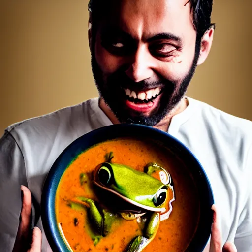 Image similar to photo of a man with three eyes ecstatically eating a bowl of indian frog curry. third eye forehead weeping with joy, hands raised
