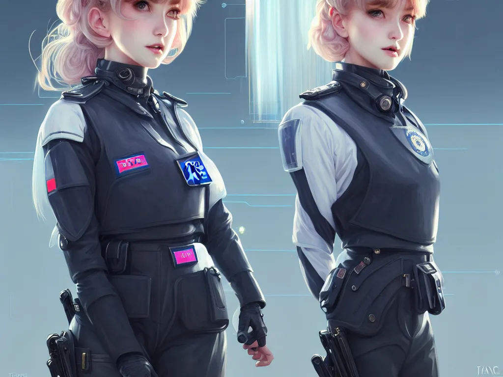 Prompt: portrait futuristic england police uniform girl, at future neon light rooftop, ssci - fi and fantasy, intricate and very very beautiful and elegant, highly detailed, digital painting, artstation, concept art, smooth and sharp focus, illustration, art by tan zi and ayanamikodon and alphonse mucha and wlop