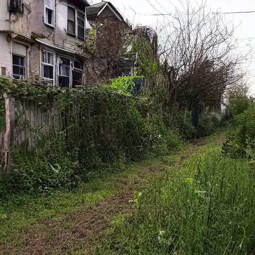 Image similar to liminal poor neighborhood, overgrown, photo taken from the street