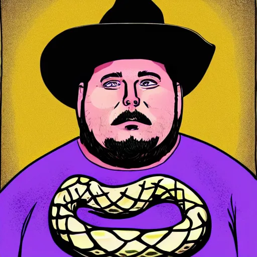 Image similar to hyperreal morbidly obese 2000kilo snake oil salesman wearing authentic purple green sip tech cowboy augmentation and curly snake moustache, fat man standing in front of blank background