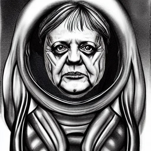 Prompt: Portrait of Angela Merkel in the style of HR Giger