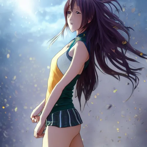 Image similar to a girl is running, sport clothing, anime style, long hair, hair down, symmetrical facial features, from yowamushi pedal, hyper realistic, highly detailed, rule of thirds, extreme detail, detailed drawing, trending artstation, realistic lighting, by alphonse mucha, greg rutkowski, sharp focus, backlit, high budget show, realistic anatomy