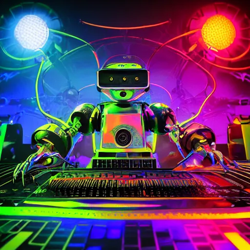 Image similar to album art, the band name is roborock, energetic trance music, band with 3 steampunk robots on a dj desk with a cd mixer, 8 k, flourescent colors, halluzinogenic, multicolored, exaggerated detailed, front shot, 3 d render, octane