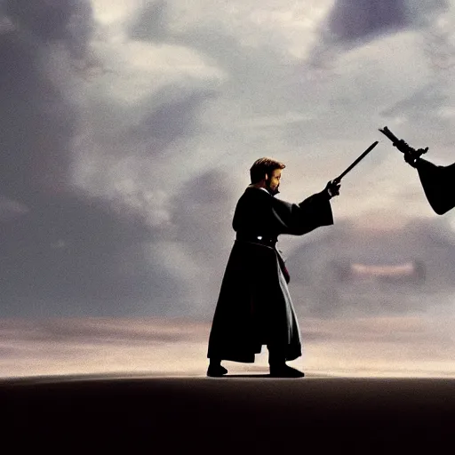 Prompt: dramatic still image of obiwan dueling anakin