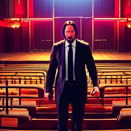 Image similar to cinematic still of John Wick speaking at a megachurch in John Wick (2009). Joel Osteen ministries. dynamic lighting. shallow depth of field, cinematic