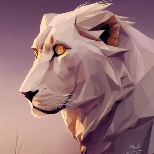 Image similar to aesthetic portrait commission of a albino male furry anthro low - poly lion, character design by charlie bowater, ross tran, artgerm, and makoto shinkai, detailed, inked, western comic book art, 2 0 2 1 award winning painting