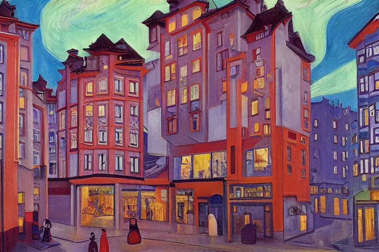 Image similar to unique shops, apartment towers, and cute townhouses along a city street, oil painting by edvard munch, mc escher, stanislaw beksinski, makoto shinkai, jim woodring, aldemir martins, nicholas roerich