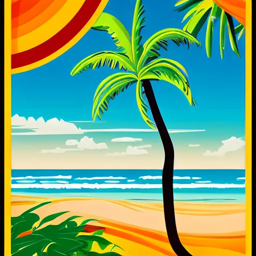 Prompt: hawaii tourism poster in style of bauhaus, hula girl, surfboard, waves, palm trees, sun, surf sand, medley of tropical flowers, lei, beautiful, symmetrical, textured, layered, ornate, detailed, chromostereopsis, 8 k