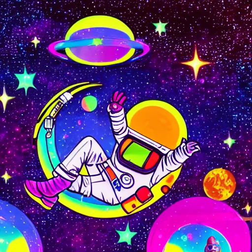 Image similar to Medium shot of an astronaut relaxing in space designed by Lisa Frank, digital art, cartoon art, acrylic, bokeh, synthwave, retro,