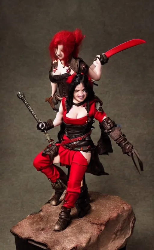 Image similar to epic fantasy d & d female halfling rogue riding on top of mr wobbles, black hair, red leather corset, cinematic, beautiful lighting, heroic