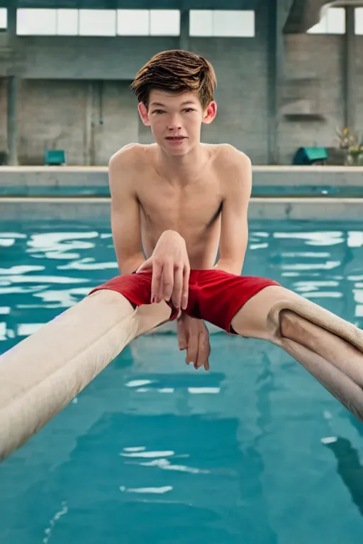 Image similar to close up still shot of jacob lofland standing on the diving board, summer olympics footage, 3 5 mm, highly detailed, color photo, dynamic lighting, subject centered in photo, octane render