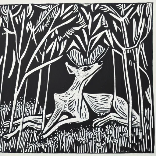 Image similar to linocut, black and white, greyhound in a forest