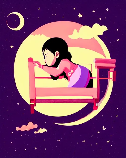 Prompt: beautiful painting of little girl sleeping on her flying bed, art by petros afshar, art by cheng hsiao - ron, sky night, illustration, highly detailed, simple, smooth and clean vector curves, no jagged lines, vector art, smooth, artstation