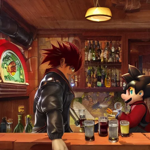 Image similar to an ultradetailed 3 d render of shadow the hedgehog and bowser sitting in a bar drinking beer, dive bar with a karaoke machine, volumetric lighting, 4 k, octane render, art by greg rutkowski and alphonse mucha and andreas rocha and albert bierstadt