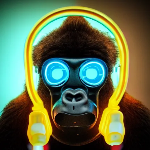 Image similar to high quality photo of A gorilla wearing a world war 2 gas mask in a lab with neon lights, realism, 8k, award winning photo