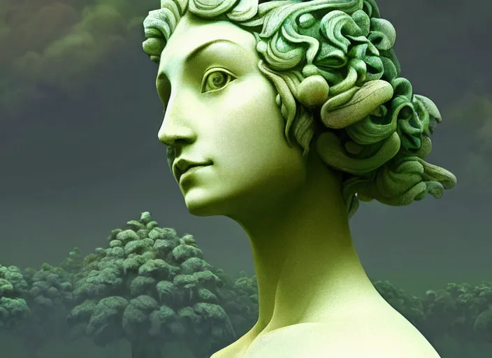 Image similar to a portrait of idealistic marble statue with fractal flowery hair and fair porcelain face and green eyes, in a magical forest, painted by, mc escher, gordon onslow ford, georgia o'keeffe and ivan aivazovsky, cinematic light, god rays, colourful, unreal engine, zbrush central,