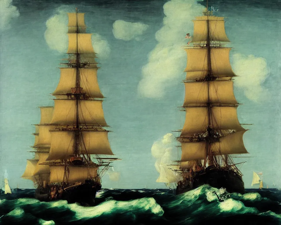 Prompt: an achingly beautiful print of the HMS Bounty sailing on stormy seas by Raphael, Hopper, Goya, and Rene Magritte. detailed, moody, enchanting, trending on artstation.