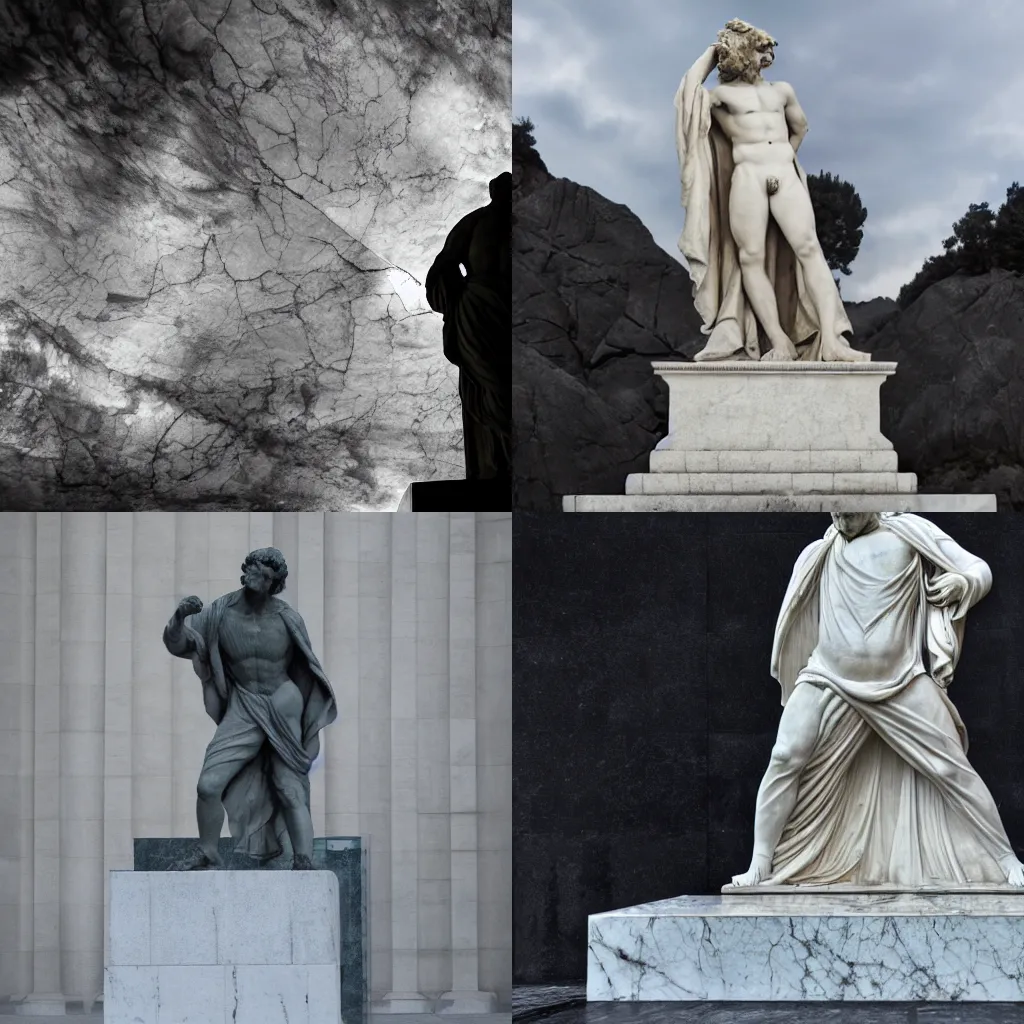 Prompt: wide angle photograph of a marble statue of a man being blown by a strong wind, dark background , soft lighting