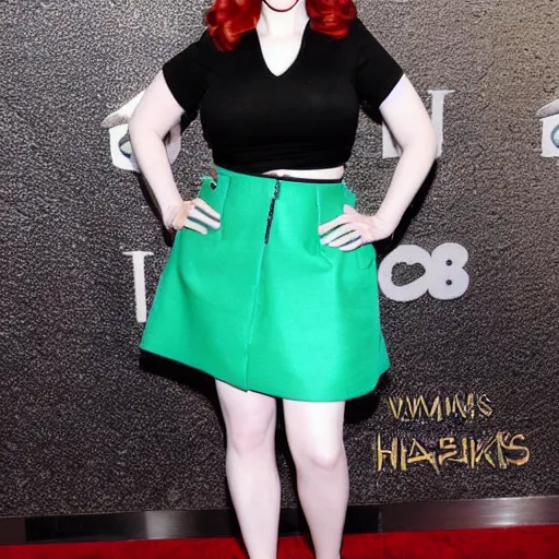 Prompt: christina hendricks with mini warp skirt,