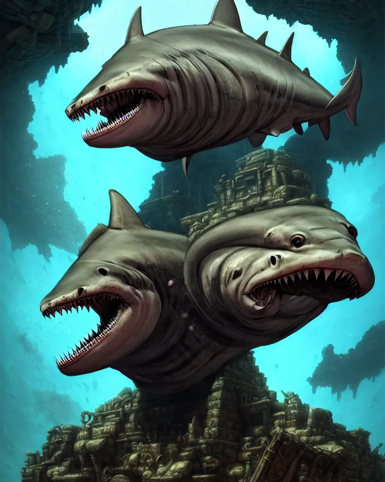 Image similar to full - face close - up portrait, muscular street shark hammerhead shark wearing a tattered cloth robe and goggles by bruce brenneise and peter mohrbacher, deep underwater in the lost city of atlantis, ancient ruins in the background, 3 d render, neosurrealism. digital concept art, pixel art, rendered in octane, trending on cgsociety, trending on artstation