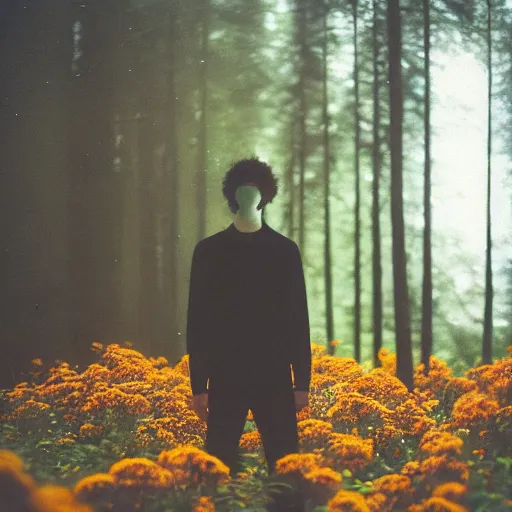 Prompt: close up kodak portra 4 0 0 photograph of a skinny guy standing in dark forest, face covered in flowers, moody lighting, telephoto, 9 0 s vibe, blurry background, vaporwave colors, faded!,