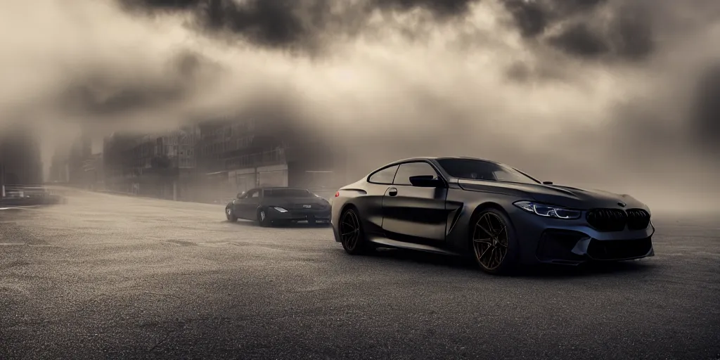 Image similar to parked vantablack BMW M8, fog, rain, volumetric lighting, beautiful, golden hour, sharp focus, highly detailed, cgsociety