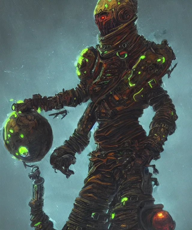 Image similar to a oil painting full body character portrait of a toxic android in the style of dark souls in the style of darkest dungeon trending on artstation deviantart pinterest detailed realistic hd 8 k high resolution