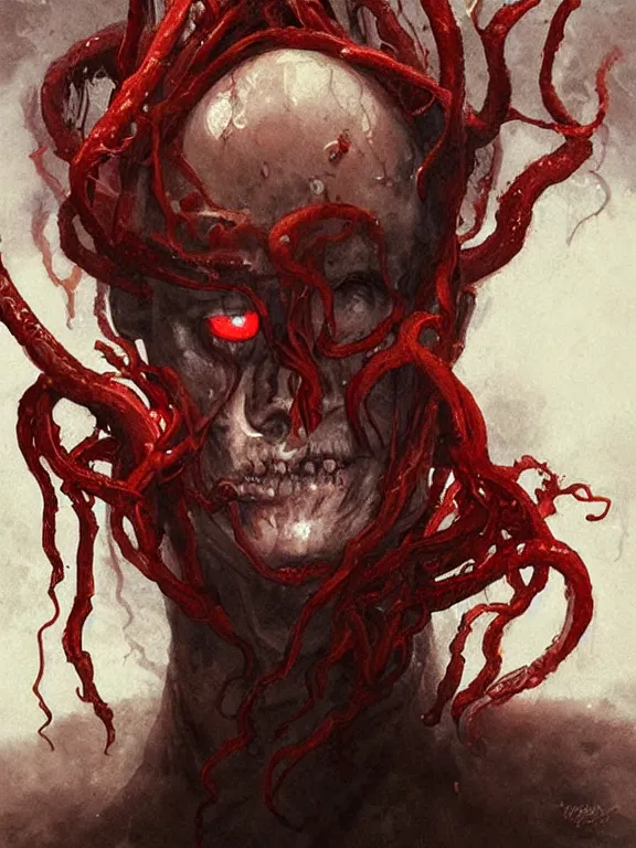 Image similar to painting by greg rutkowski of a flying sorrowful looking human head with tears running down it's eyes, face that is chalk white in color, with long sprawling white tentacles stemming down it's neck, fiery scorching red eyes, flying in a terrying hellish dark cavernous place