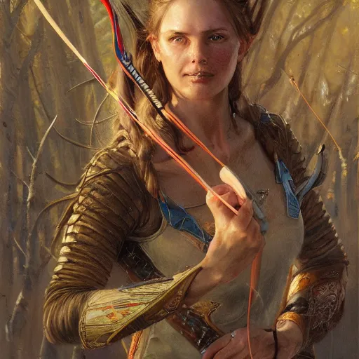 Image similar to beautiful archery girl, bow hunting women, archerty with bow and arrows, uart by donato giancola and greg rutkowski, realistic face, digital art, trending on artstation