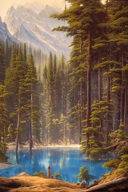 Prompt: painting of a mountains landscape with a blue lake and a dense pines forest, a detailed matte painting by christophe vacher, matte painting, ultra detailed, matte drawing