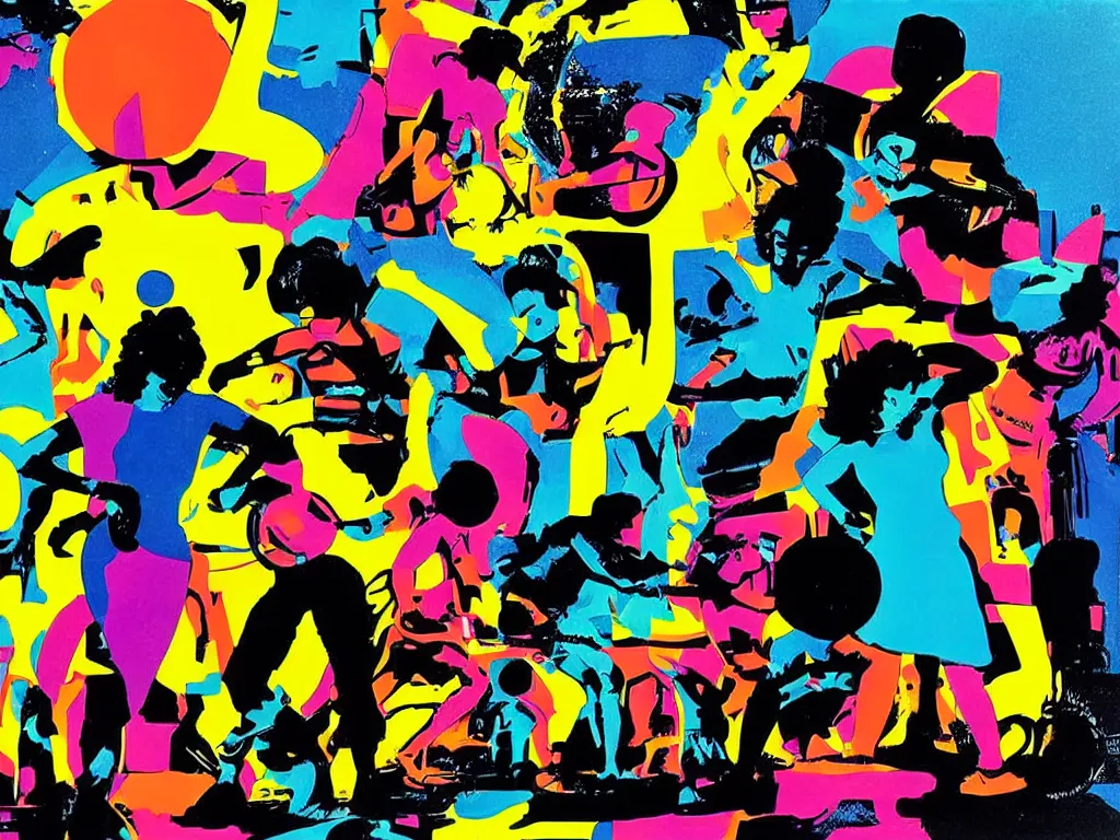 Image similar to Science fiction disco in silhouette, 1960s pop art with bold, bright colors by Evelyne Axell.